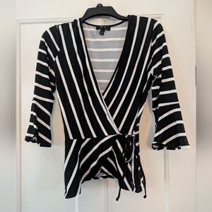 BCX Stripe Wrap Blouse White Black 3/4 Bell Sleeve V-Neck Bow Women Size M